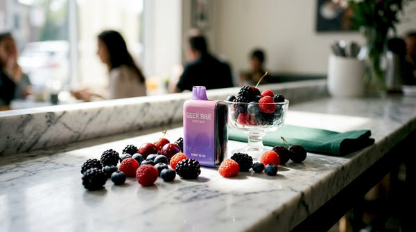 Berry Bliss Geek Bar device with fresh berries on table