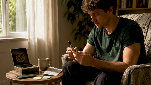 Person holding disposable vape tank in living room