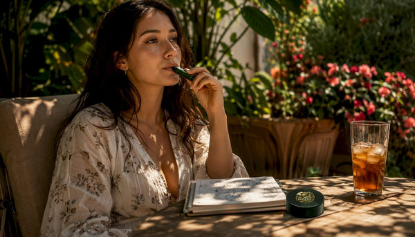 Woman using vape alternative at kitchen table