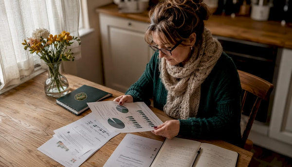 Woman reviewing vaping survey reports at desk