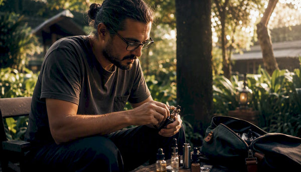 Hands adjusting vape box mod outdoors