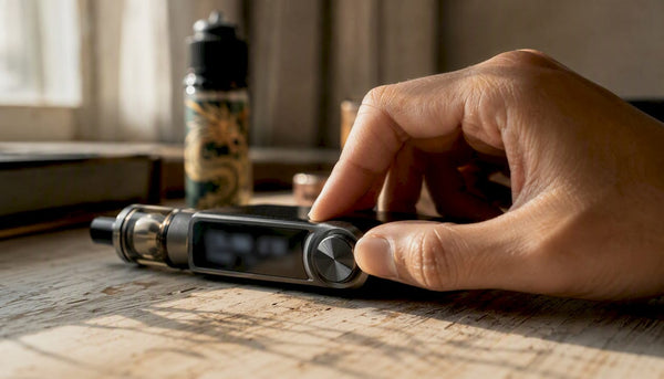 Hand adjusting vape wattage on mod close-up