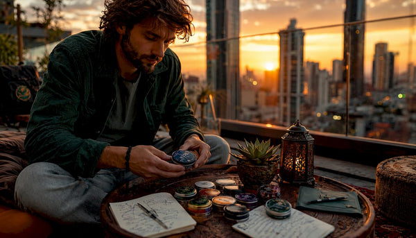 Man reviewing nicotine pouch tins at kitchen table