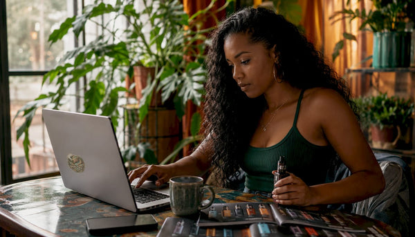 Woman browsing online vape shop at home