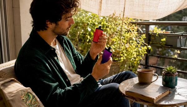 Hands holding HQD Cuvie Plus vapes at table