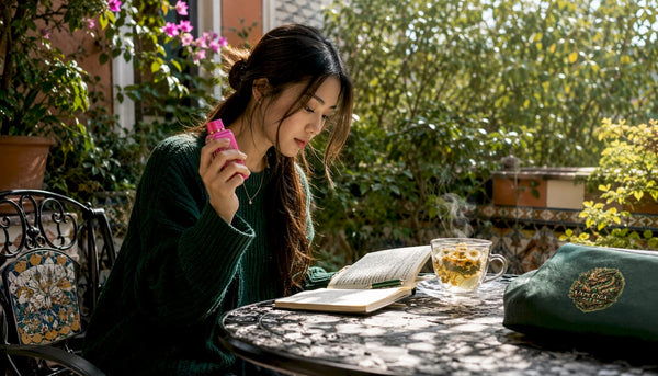Woman browsing Airis vape flavor options in café