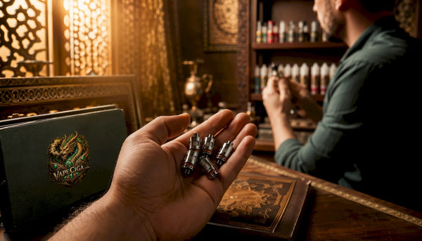 Hand holding assorted Aegis Boost coils over countertop