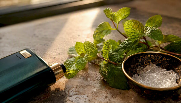 Close-up of vape device with mint leaves and menthol crystals