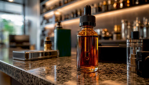 Close-up amber vape juice bottle warming light