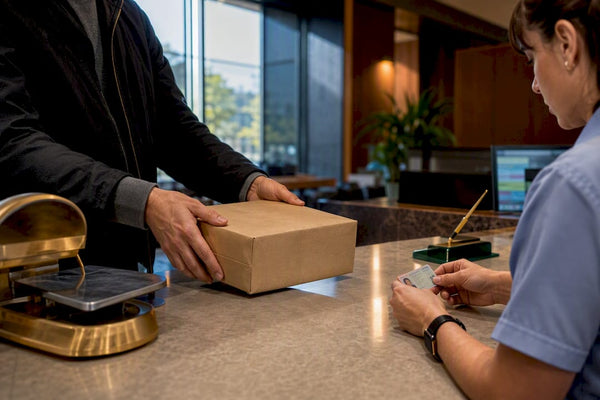 Adult presenting sealed parcel at postal counter