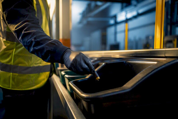Worker placing used vape in HHW collection bin