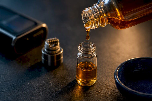 Amber e-liquid being measured into vial