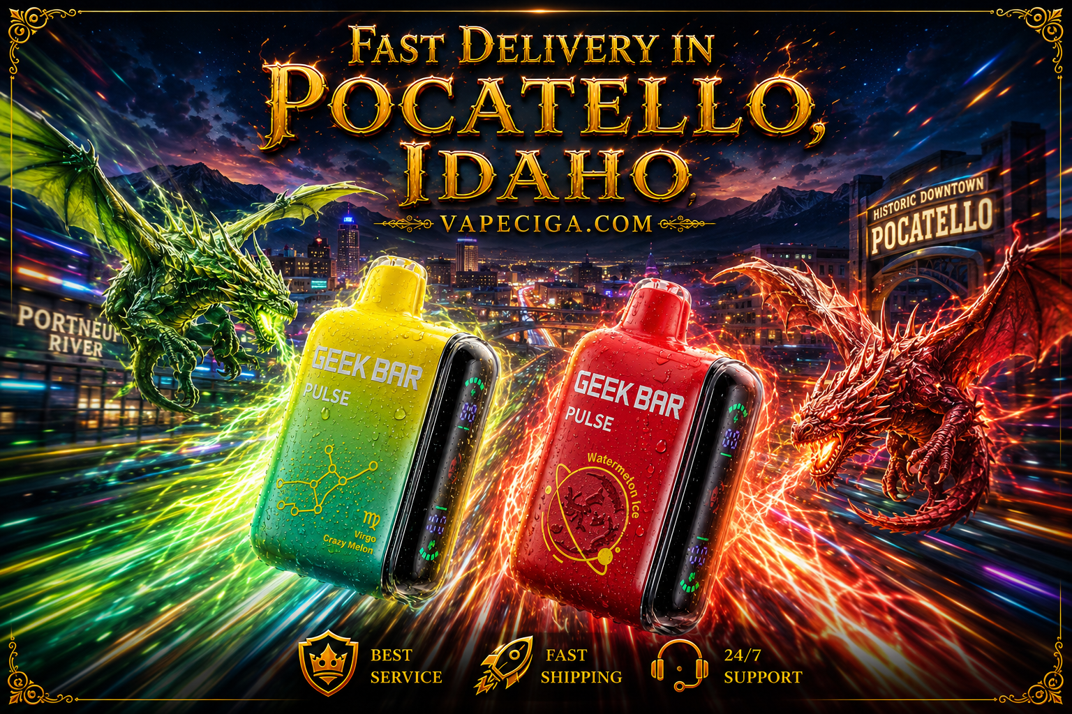 A futuristic promotional banner showcases two Geek Bar Pulse disposable vapes racing through a neon-lit vision of Pocatello, Idaho, surrounded by colorful dragons, blazing energy trails, and dramatic fire effects. The background features recognizable local landmarks, while bold gold lettering highlights 