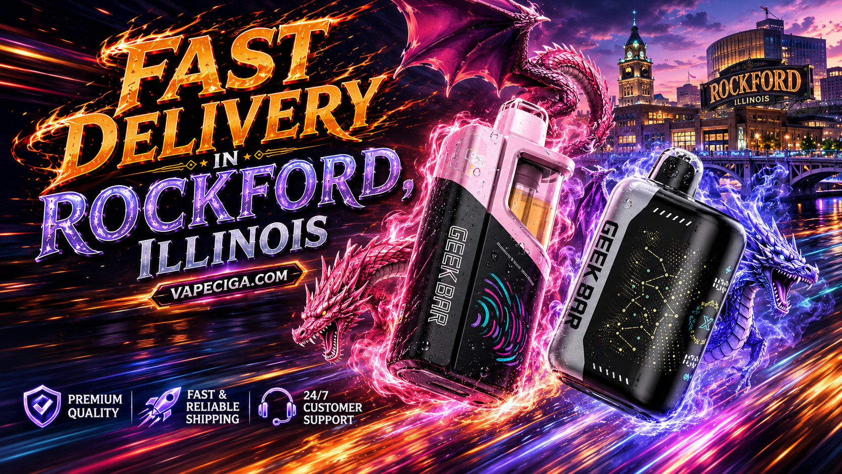 The advertisement showcases two Geek Bar vape devices — one pink-and-black and one black with a constellation design — glowing with energy effects against the sunset skyline of Rockford, Illinois. A red dragon and a blue dragon surround the devices with fiery and electric power, adding a dramatic fantasy theme. The banner highlights fast delivery and premium service from Vapeciga.com, supported by icons for premium quality, reliable shipping, and 24/7 customer support.
