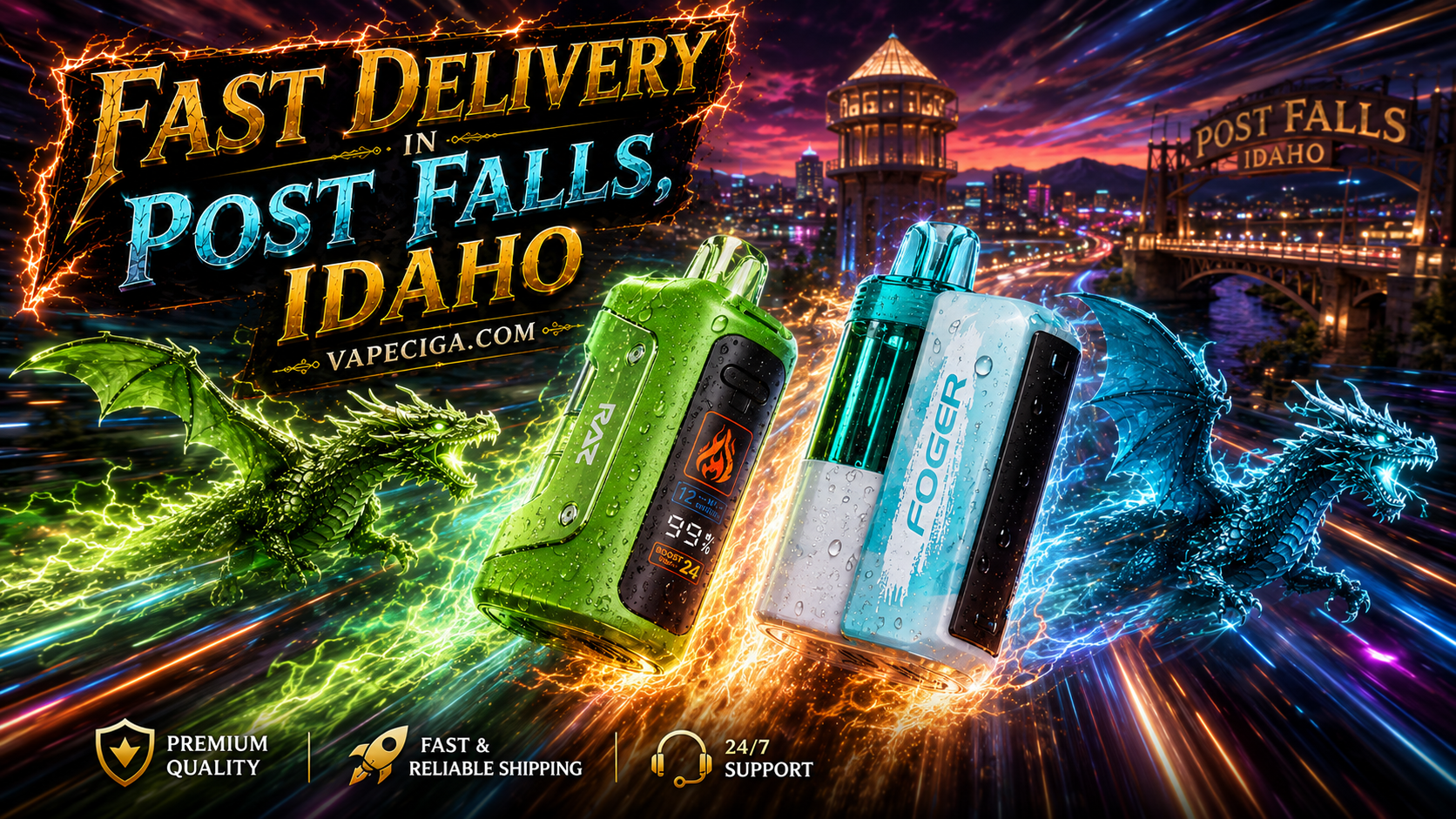 A striking promotional banner showcases two premium disposable vapes speeding through a futuristic version of Post Falls, Idaho, surrounded by glowing green and blue dragons that match the colors of each device. The vapes feature realistic water droplets, blazing energy effects, and long trails of colorful light and smoke, highlighting fast delivery, premium quality, and dependable customer service.