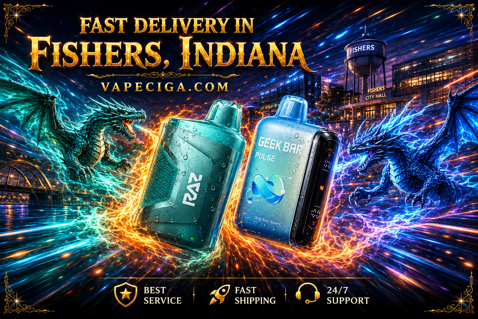 A vibrant promotional banner for Vape Ciga showcases fast vape delivery in Fishers, Indiana, featuring RAZ and Geek Bar Pulse disposable vapes surrounded by glowing energy trails, water droplets, and two powerful dragons in a futuristic cityscape. The Fishers water tower, City Hall, and illuminated skyline create a striking local backdrop, while icons highlighting best service, fast shipping, and 24/7 support reinforce the online vape shop's reliable delivery service.