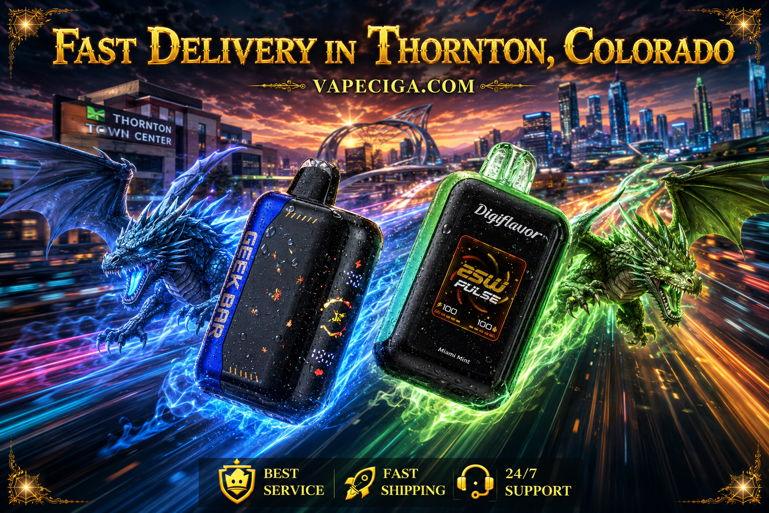 A dynamic promotional banner features two futuristic disposable vapes speeding through a glowing vision of Thornton, Colorado, surrounded by blue and green dragons that match the colors of each device. Water droplets, fiery energy, colorful smoke trails, and a futuristic city skyline create a dramatic sense of motion, while the Thornton Town Center and iconic water tower highlight the local setting. Bold gold lettering promotes fast delivery through Vapeciga.com, accompanied by premium service icons for quality, fast shipping, and 24/7 support.
