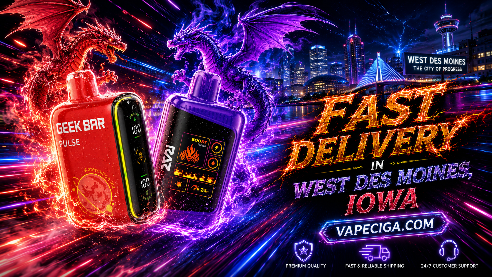 The image highlights two vape devices — a red Geek Bar Pulse Watermelon Ice and a purple RAZ with a Boost Mode display — glowing with vivid lightning and fiery energy effects. Red and purple dragons surge dramatically above the West Des Moines, Iowa skyline, with illuminated skyscrapers and a bridge in the background. Bold text promotes fast delivery through Vapeciga.com, supported by icons for premium quality, reliable shipping, and 24/7 customer support.