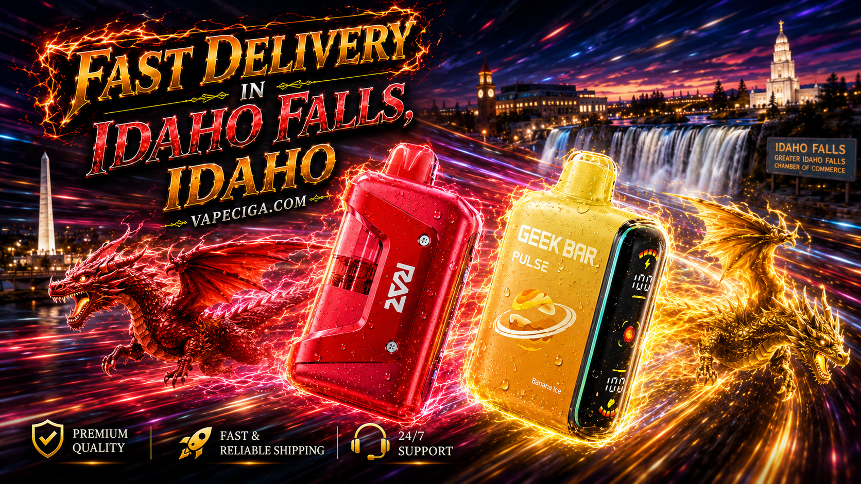 A dynamic promotional banner shows two disposable vape devices speeding through a futuristic Idaho Falls skyline, surrounded by glowing red and gold dragons that match the colors of each vape. Water droplets, blazing fire effects, and colorful energy trails create a sense of extreme speed, while iconic Idaho Falls landmarks and the bold text 