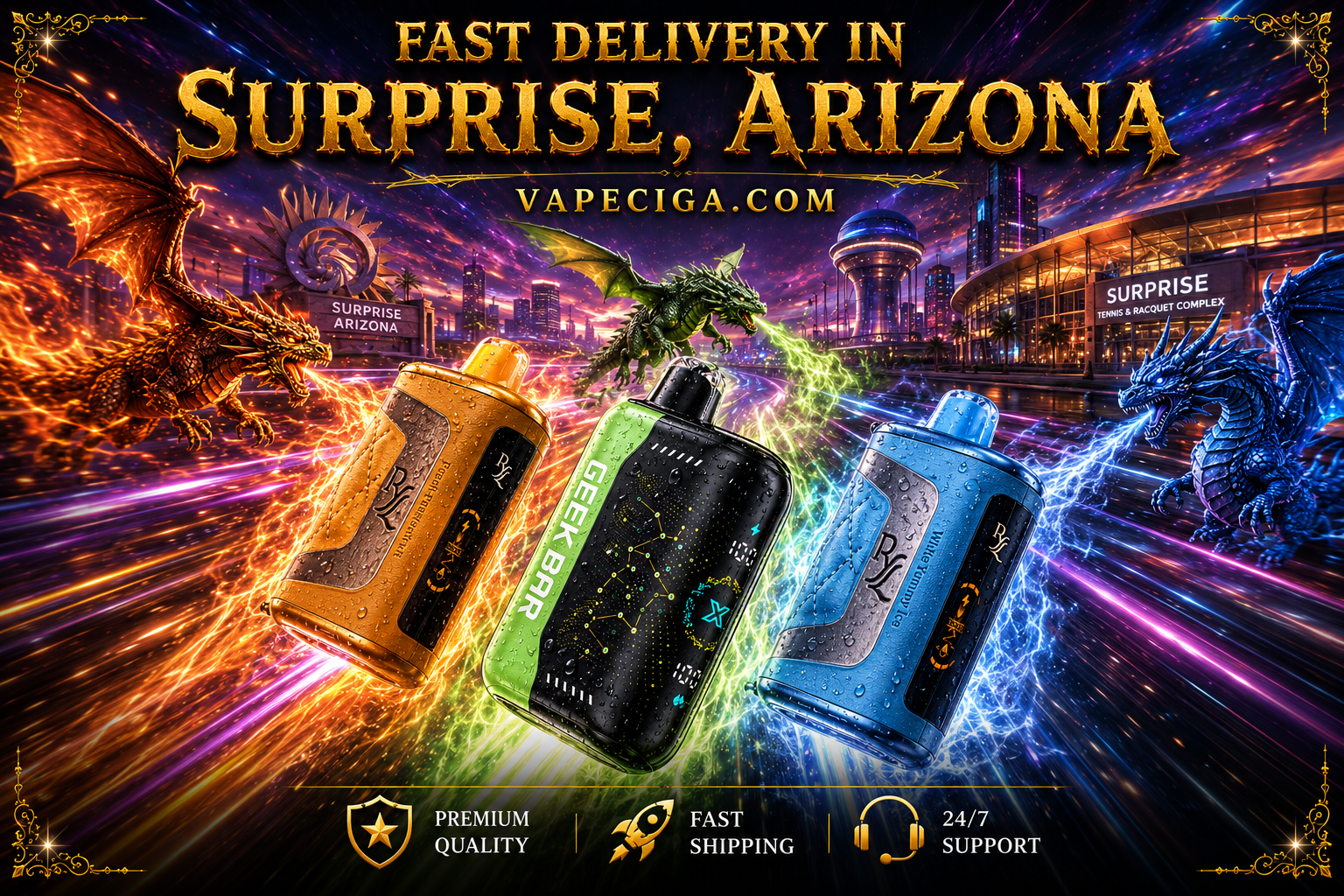 A striking promotional banner features three premium disposable vapes racing through a futuristic Surprise, Arizona cityscape, surrounded by colorful lightning effects, water droplets, and powerful dragons breathing glowing energy. The artwork promotes Vapeciga.com with fast vape delivery, premium quality products, fast shipping, and 24/7 customer support.