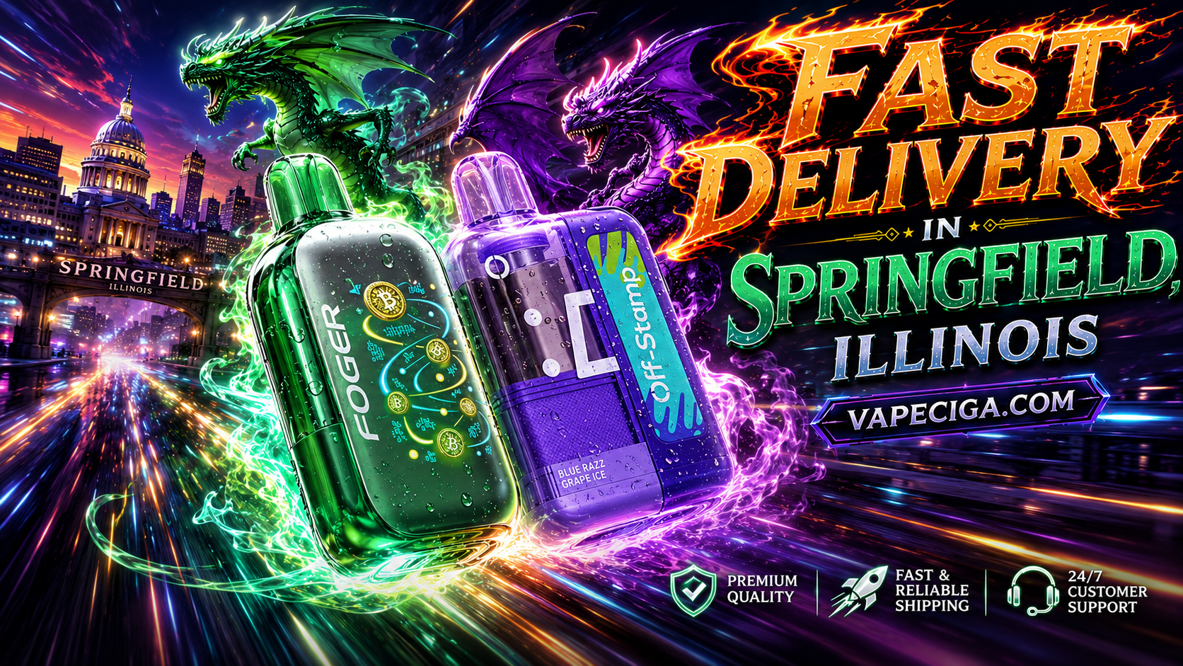 The advertisement showcases two vape devices — a green Foger and a purple Off-Stamp — glowing with energy effects against the illuminated skyline of Springfield, Illinois. Above the city’s Capitol dome, a green dragon and a purple dragon breathe fire and light, surrounding the devices in a dramatic fantasy scene. The banner emphasizes fast delivery and premium service from Vapeciga.com, supported by icons for premium quality, reliable shipping, and 24/7 customer support.