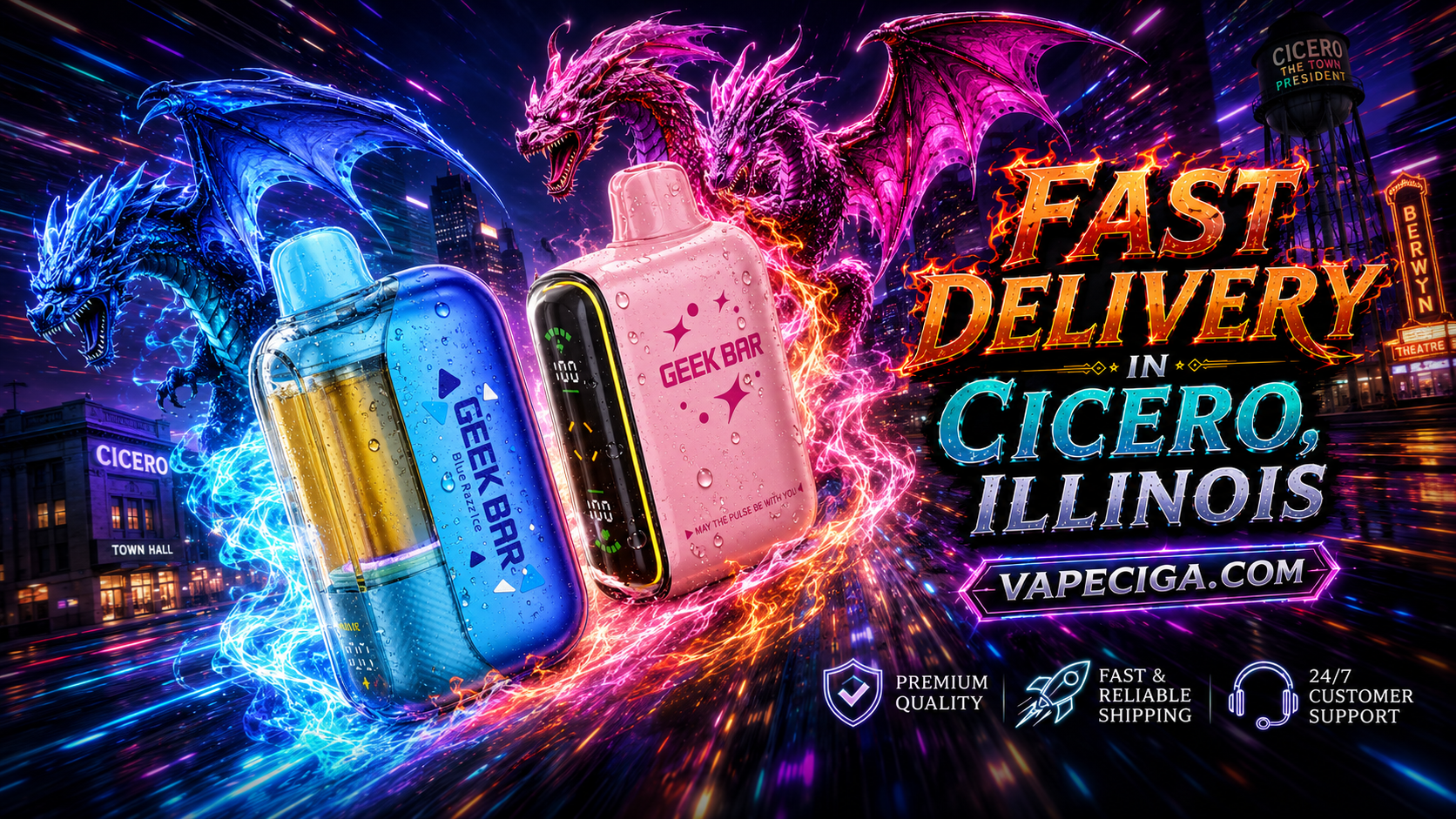 The advertisement showcases two Geek Bar vape devices — one blue labeled Blue Razz Ice and one pink — glowing with energy effects against the illuminated skyline of Cicero, Illinois. A blue dragon and a purple dragon breathe fiery light above the city, adding a dramatic fantasy-inspired atmosphere. The banner emphasizes fast delivery and premium service from Vapeciga.com, supported by icons for premium quality, reliable shipping, and 24/7 customer support.