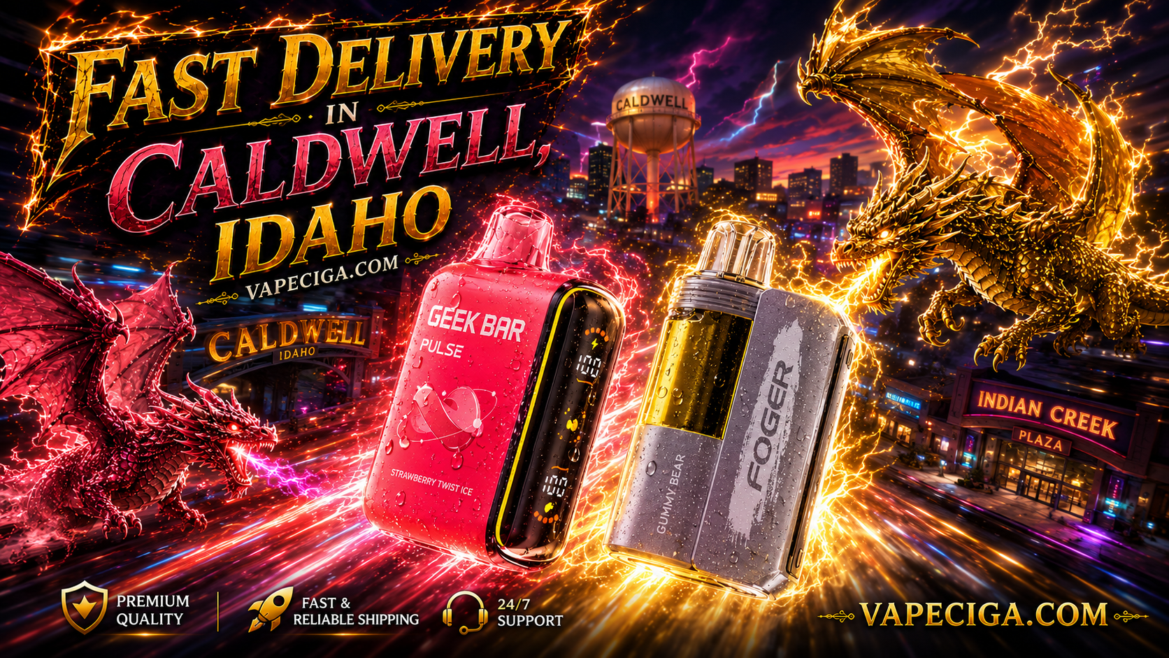 A cinematic promotional banner showcases two disposable vape devices speeding through a futuristic Caldwell, Idaho cityscape, surrounded by glowing red and golden dragons, crackling lightning, and vibrant energy trails. The devices feature realistic water droplets, while bold 