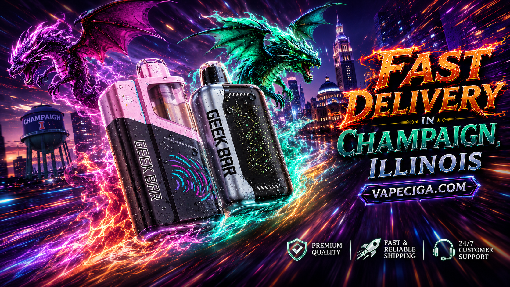 The advertisement features two Geek Bar vape devices glowing with lightning and energy effects against the illuminated skyline of Champaign, Illinois. A purple dragon and a green dragon soar above the city, adding a dramatic fantasy-inspired atmosphere. The banner emphasizes fast delivery and premium service from Vapeciga.com, supported by icons for premium quality, reliable shipping, and 24/7 customer support.