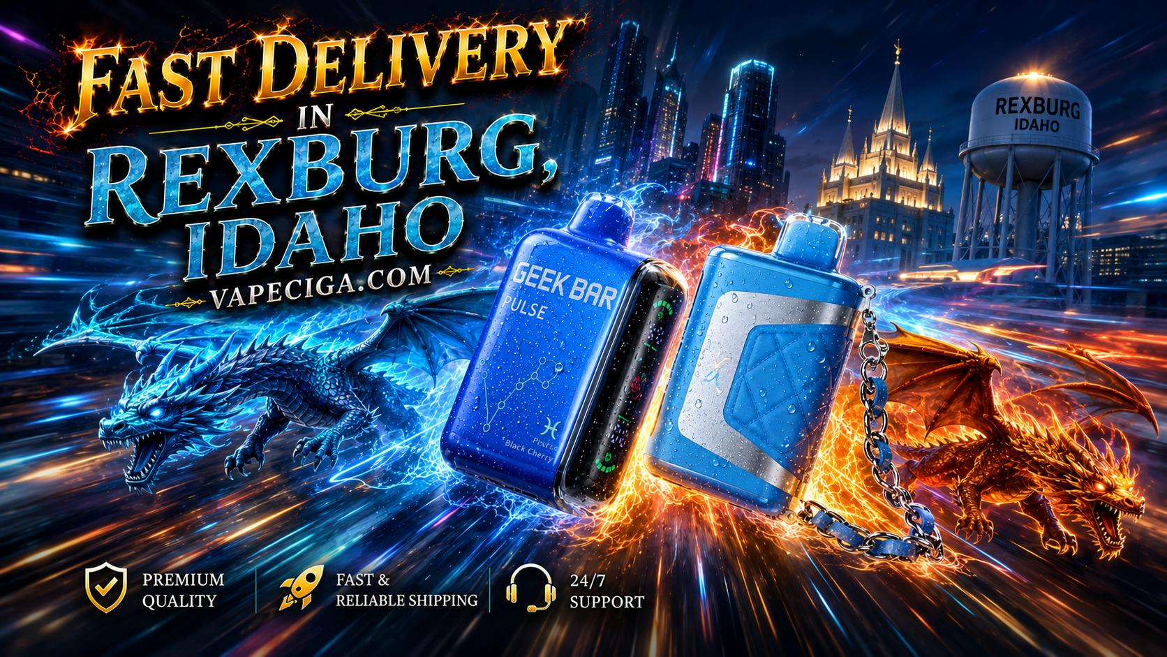 A dynamic promotional banner showcases two disposable vapes racing through a futuristic version of Rexburg, Idaho, surrounded by glowing blue and orange dragons that match the colors of the devices. Water droplets, blazing energy trails, and fiery effects create a sense of extreme speed, while iconic Rexburg landmarks, including the Rexburg Idaho Temple and the city water tower, illuminate the dramatic night skyline.
