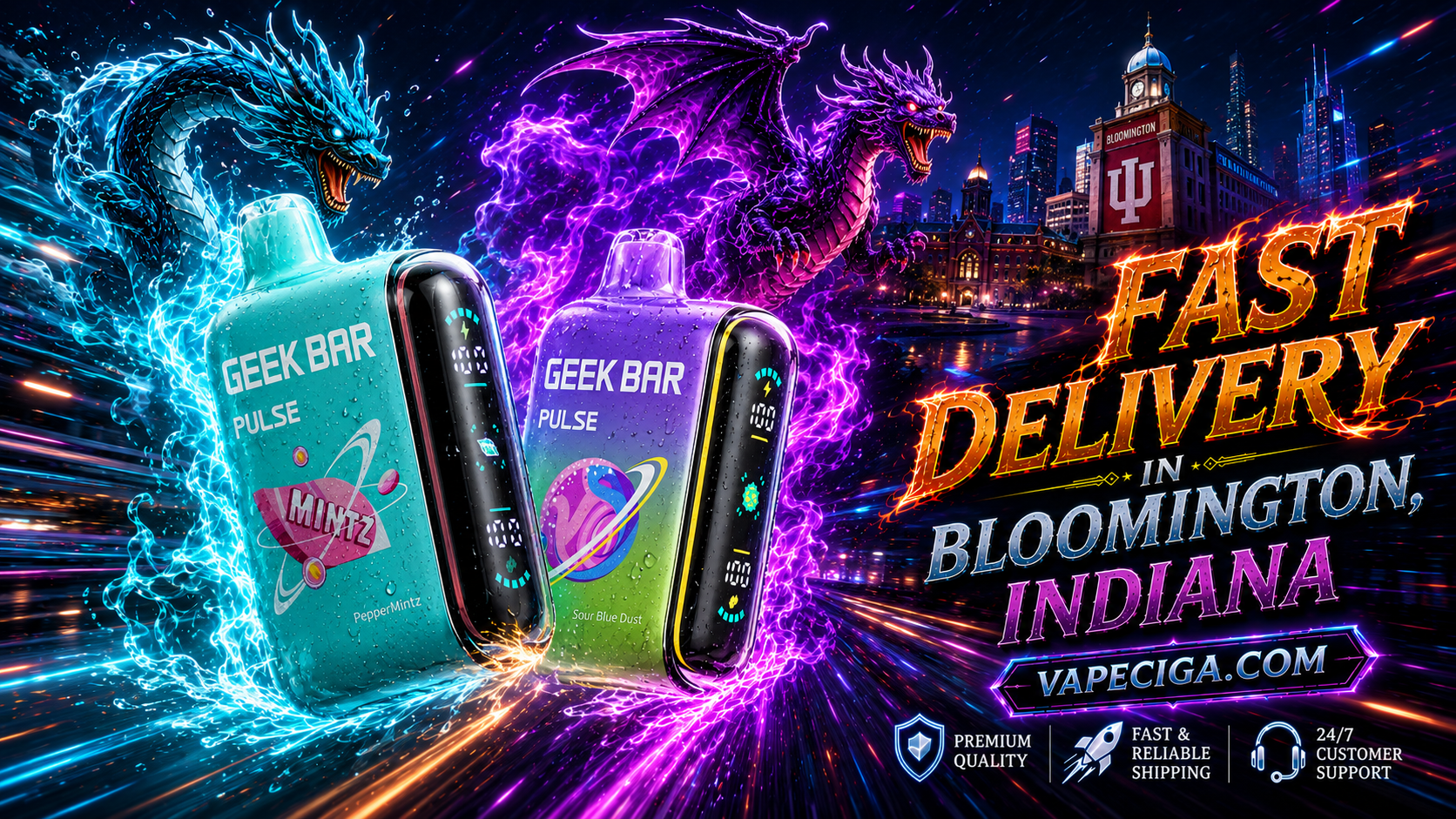 A striking Vape Ciga banner promotes fast vape delivery in Bloomington, Indiana, featuring two Geek Bar Pulse disposable vapes surrounded by glowing blue and purple energy, powerful dragons, and a futuristic city skyline with Bloomington landmarks. Bright visual effects, premium service icons, and bold typography highlight a wide selection of disposable vapes, same-day shipping service, and fast delivery for adult customers.