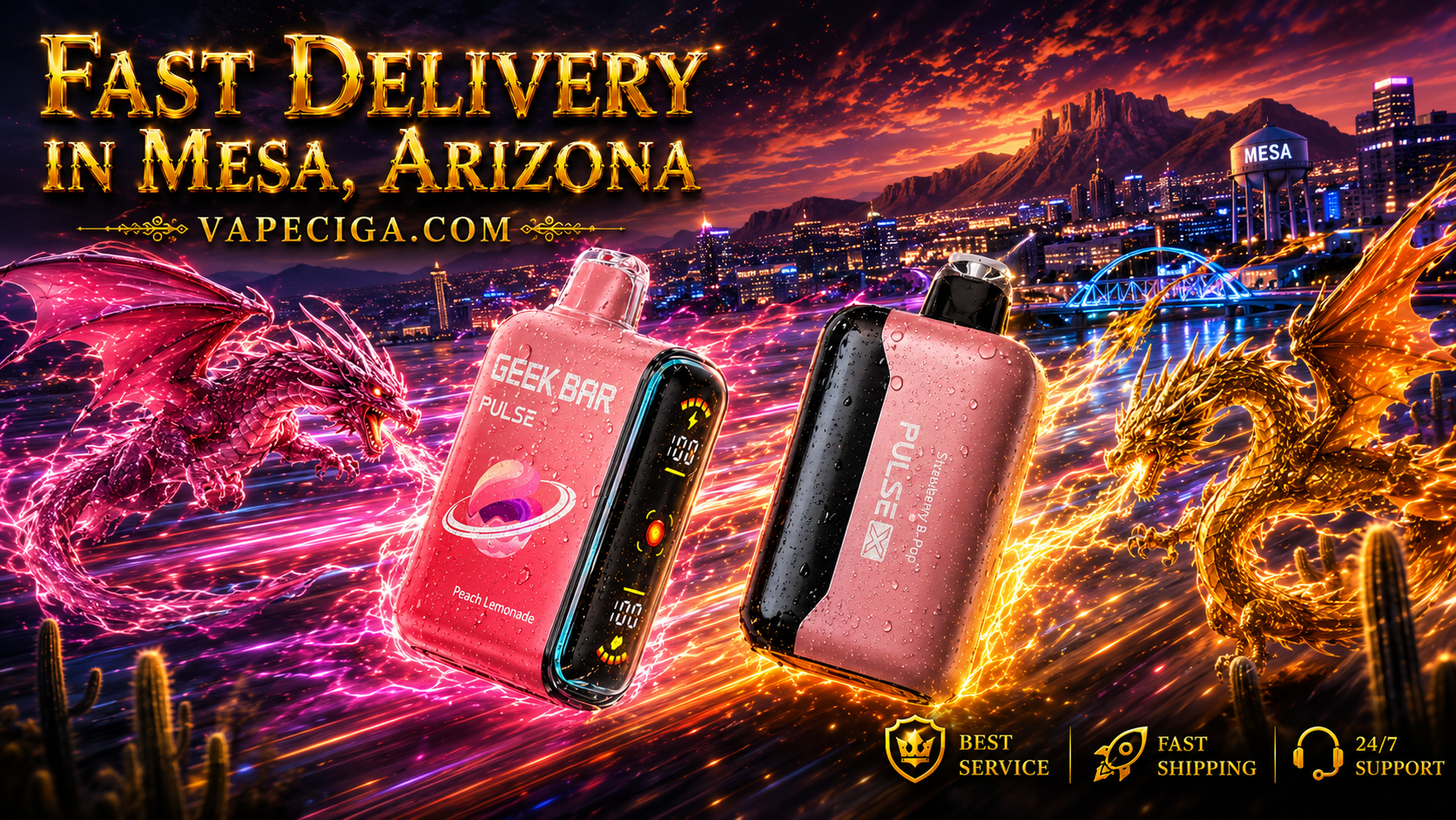 The vibrant banner highlights two GEEK BAR PULSE vape devices — one in Peach Lemonade and the other in Strawberry B-Doo — glowing with illuminated energy effects. A red dragon and a golden dragon breathe fiery power across Mesa’s skyline, with mountains, a sunset sky, and the water tower labeled “MESA.” Text emphasizes Fast Delivery in Mesa, Arizona with Vapeciga.com, supported by icons for best service, fast shipping, and 24/7 support.