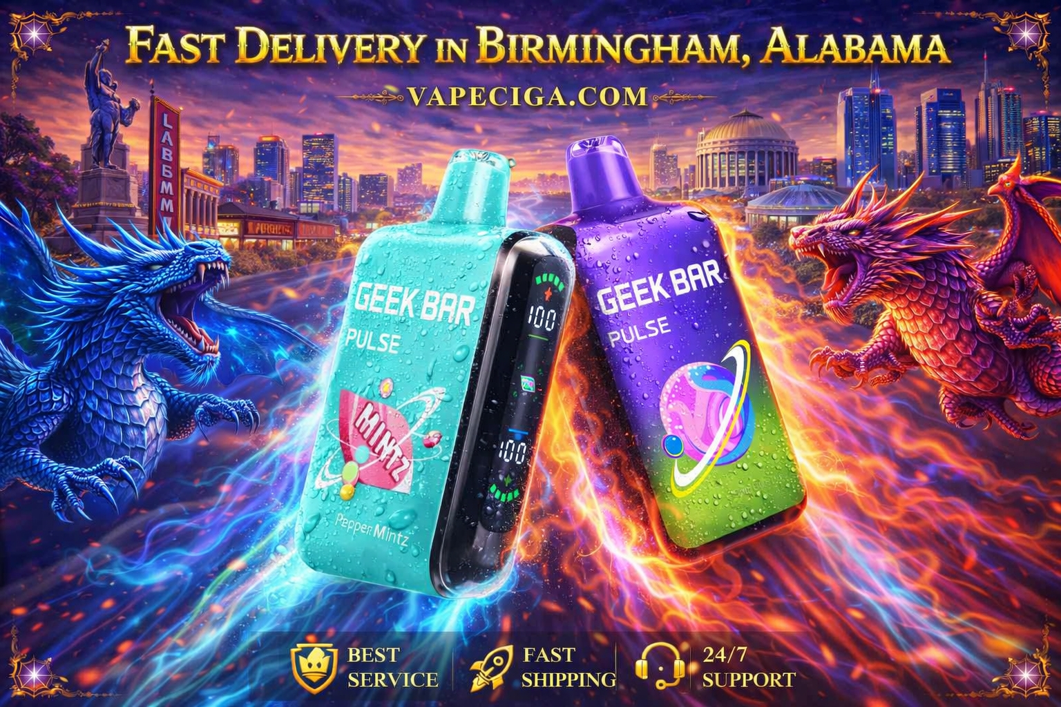 The vibrant banner showcases two GEEK BAR PULSE vape devices — one turquoise with “Mintz Pepper Mintz” and the other purple with a cosmic planet design. Surrounded by blue and red dragons, the vapes soar through a futuristic Birmingham cityscape with the Vulcan statue in view. Bold text highlights Fast Delivery in Birmingham, Alabama with Vapeciga.com, supported by icons for premium service, fast shipping, and 24/7 support.