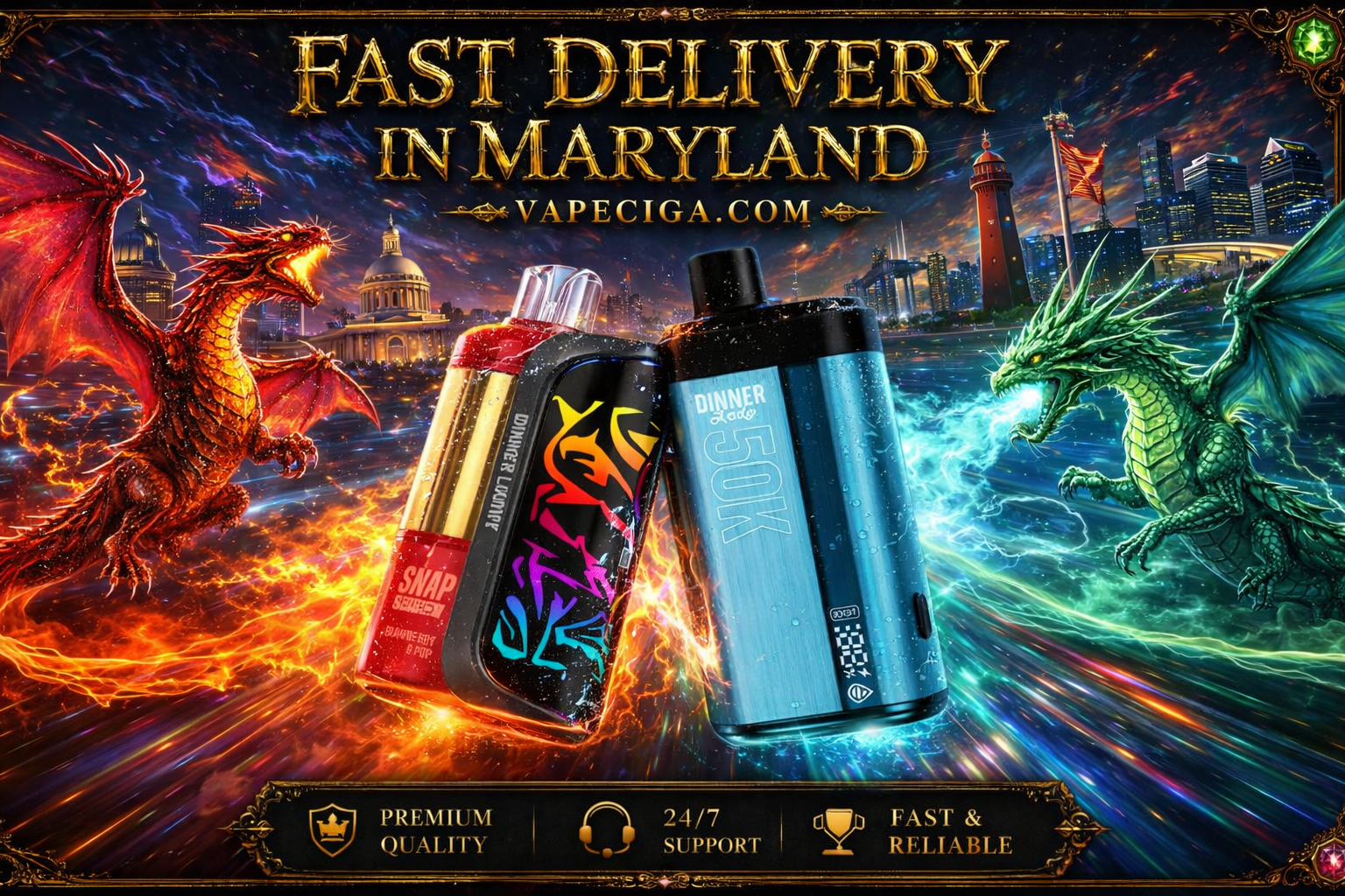 Two “Dinner Lady” vape devices, a red‑black Snap and a blue 50K, stand glowing with bold designs. A fiery red dragon and a green dragon with blue flames swirl behind them against a cityscape of domed and modern buildings. Golden text highlights fast delivery in Maryland, supported by icons for premium quality, 24/7 support, and reliable service.