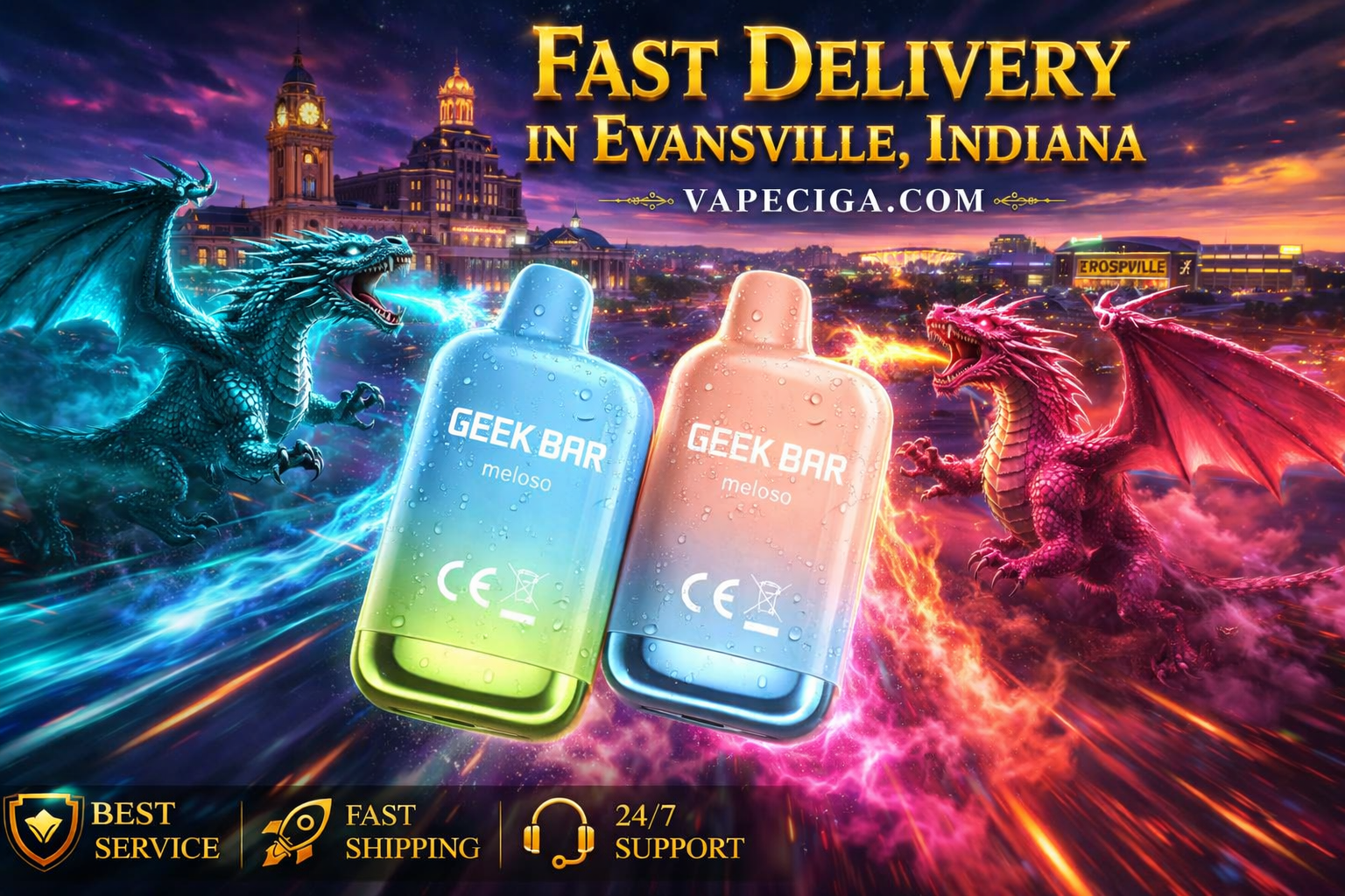 The advertisement highlights two Geek Bar Meloso vape devices — one blue-green and one orange-blue — glowing with fiery and icy energy effects against the illuminated skyline of Evansville, Indiana. A blue dragon breathes icy light while a red dragon breathes fire, creating a vivid fantasy-inspired atmosphere around the products. The banner emphasizes fast delivery and premium service from Vapeciga.com, supported by icons for best service, fast shipping, and 24/7 support.