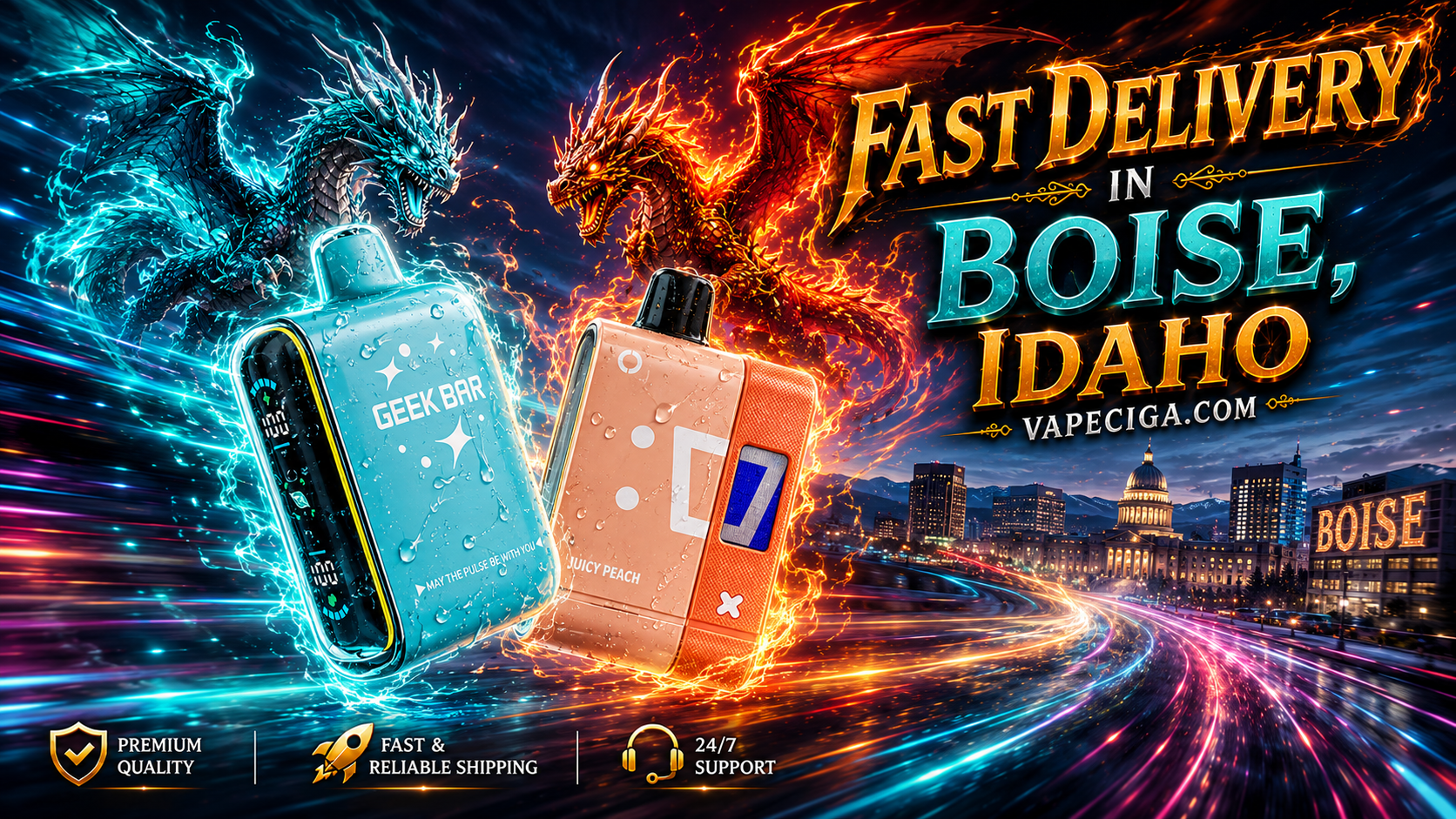A vibrant promotional banner showcases two futuristic disposable vape devices speeding through a neon-lit futuristic Boise, Idaho, surrounded by powerful dragons with matching blue and fiery orange energy. Water droplets, glowing flames, colorful motion trails, and the bold 