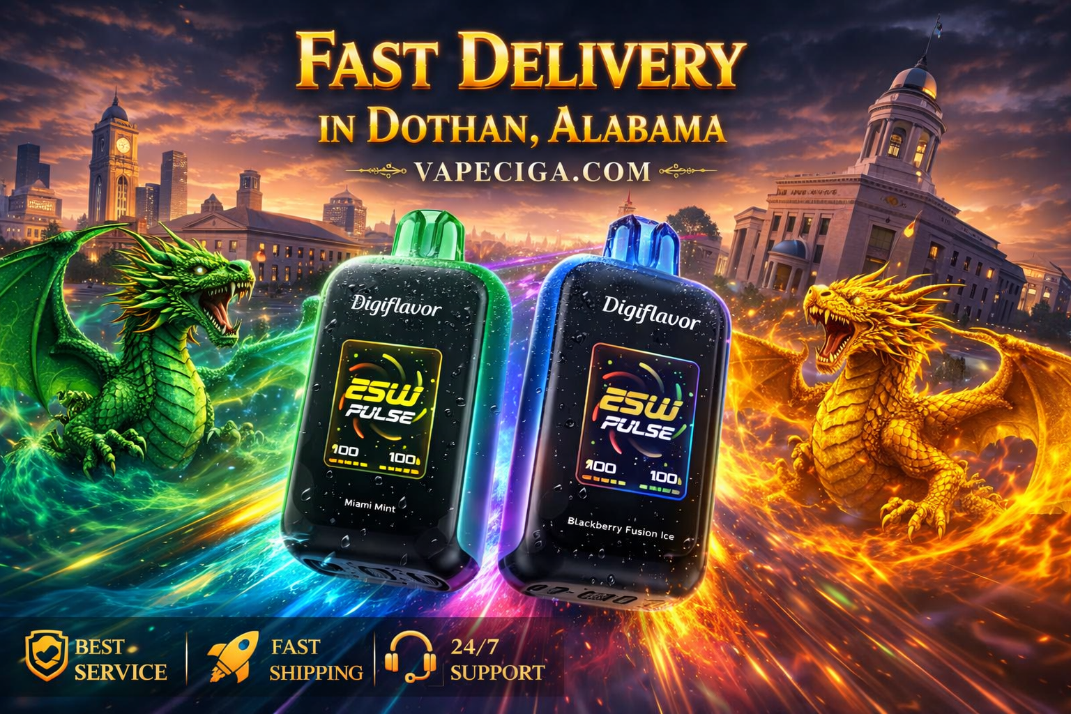 The striking banner showcases two Digiflavor ESW Pulse vape devices — a green Miami Mint and a purple-blue Blackberry Fusion Ice. A green dragon and a golden dragon swirl with glowing energy around the devices, set against Dothan’s dramatic skyline with classical buildings and a domed structure. Text emphasizes Fast Delivery in Dothan, Alabama with Vapeciga.com, supported by icons for best service, fast shipping, and 24/7 support.