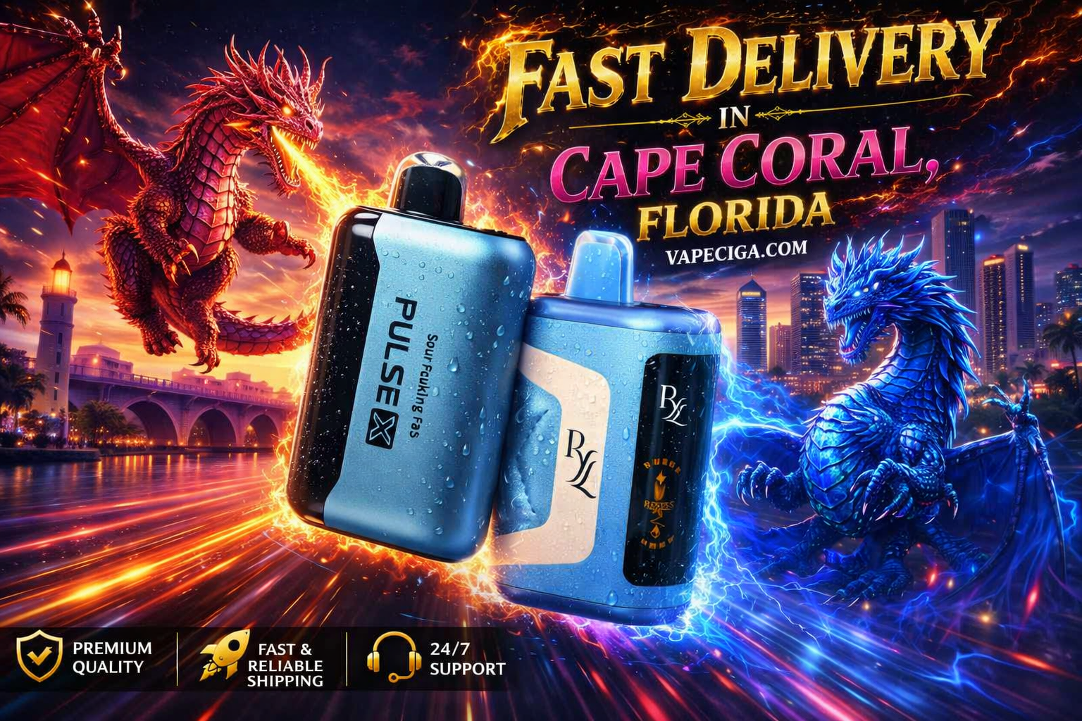 Two vape devices, one labeled PULSE X Sour Fcuking Fes and the other with the BYL logo, stand in the foreground of a vibrant Cape Coral cityscape. A red dragon breathes fire on the left while a blue dragon unleashes lightning on the right, creating a dramatic fantasy atmosphere. Bold text promotes fast delivery from Vapeciga, with icons below highlighting premium quality, reliable shipping, and 24/7 support.
