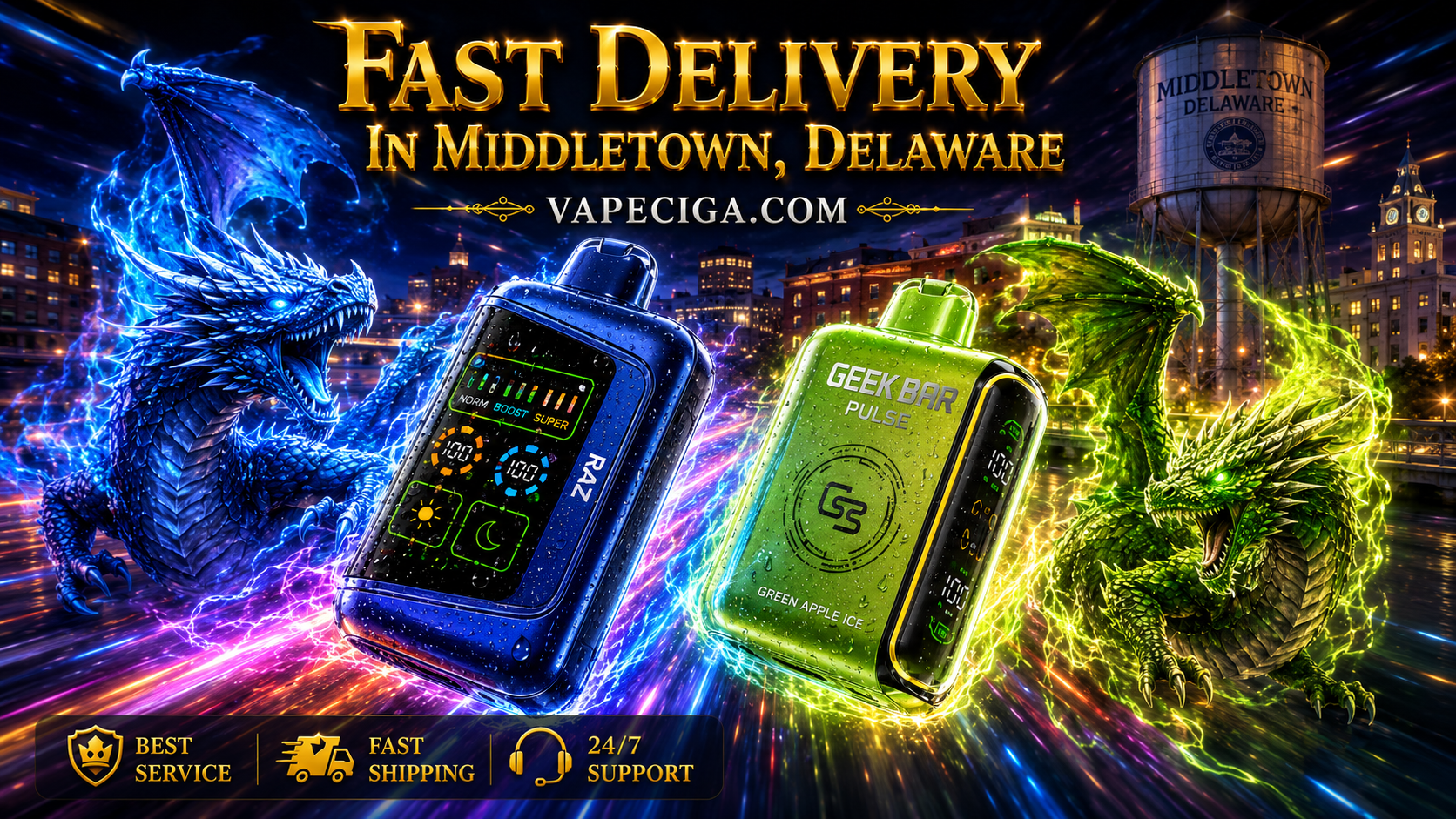 A vibrant promotional banner for VapeCiga showcases two premium disposable vapes racing through a futuristic night skyline inspired by Middletown, Delaware. Colorful dragons matching each vape’s color unleash glowing energy while fiery trails, water droplets, and dynamic lighting create a dramatic sense of speed, with the message 