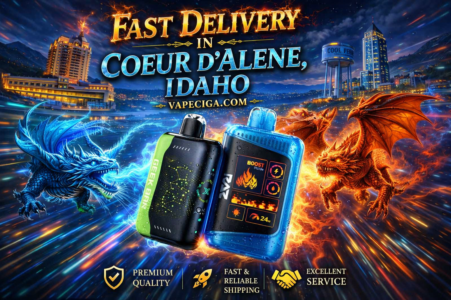 The image features two vape devices — a green-and-black Geek Bar and a blue Boost with fiery graphics — set against a glowing cityscape of Coeur d’Alene, Idaho. A blue dragon crackles with electric energy on the left, while a red dragon breathes fire on the right, surrounding the devices with dramatic fantasy effects. Promotional text highlights fast delivery and premium service from Vapeciga.com, supported by icons for quality, reliable shipping, and excellent customer support.