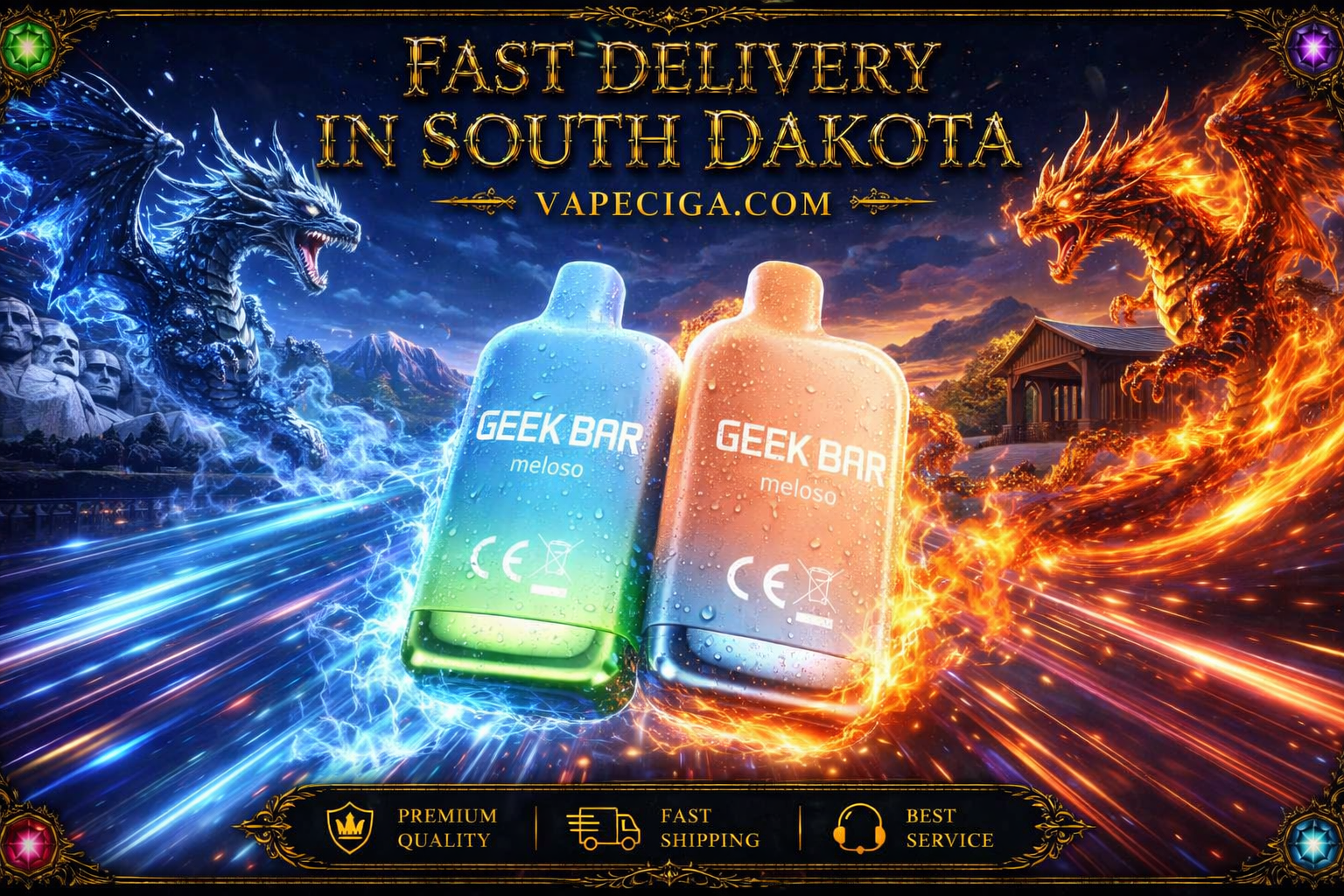 Two vape devices labeled “GEEK BAR meloso” stand in the center, one blue‑green with lightning effects and one orange‑pink with fiery flames. A fantasy backdrop features Mount Rushmore with a blue dragon emitting electricity on the left and a red dragon with fire on the right. Text highlights fast delivery in South Dakota, premium quality, fast shipping, and best service from Vapeciga.com.