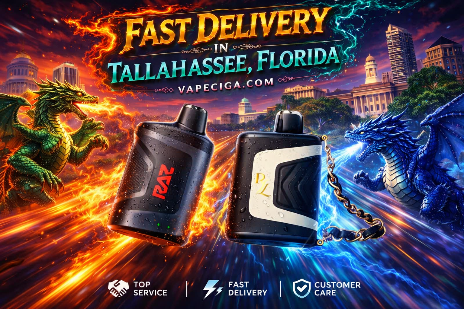 Two vape devices, labeled RAZ and PL, are displayed in the center of a dramatic fantasy scene. A green dragon breathes fire on the left while a blue dragon unleashes lightning on the right, with Tallahassee landmarks like the Florida State Capitol in the background. Bold text promotes fast delivery from Vapeciga, supported by icons highlighting top service, quick delivery, and customer care.