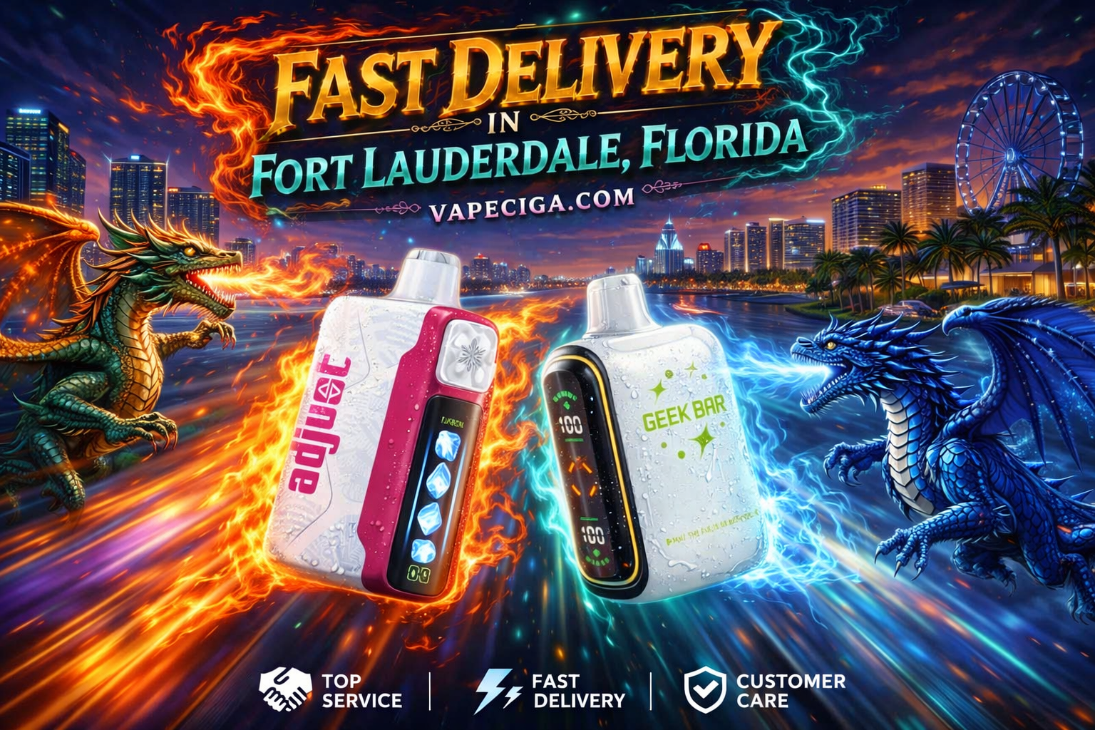 Two vape devices, one pink‑accented Joyvce and one green Geek Bar, are displayed against a vibrant Fort Lauderdale cityscape with tall buildings, palm trees, and a Ferris wheel. A fiery orange dragon breathes flames toward the Joyvce device, while a blue dragon unleashes electric energy toward the Geek Bar, creating a dramatic fantasy atmosphere. Bold text promotes fast delivery from Vapeciga, with icons below highlighting top service, quick delivery, and customer care.