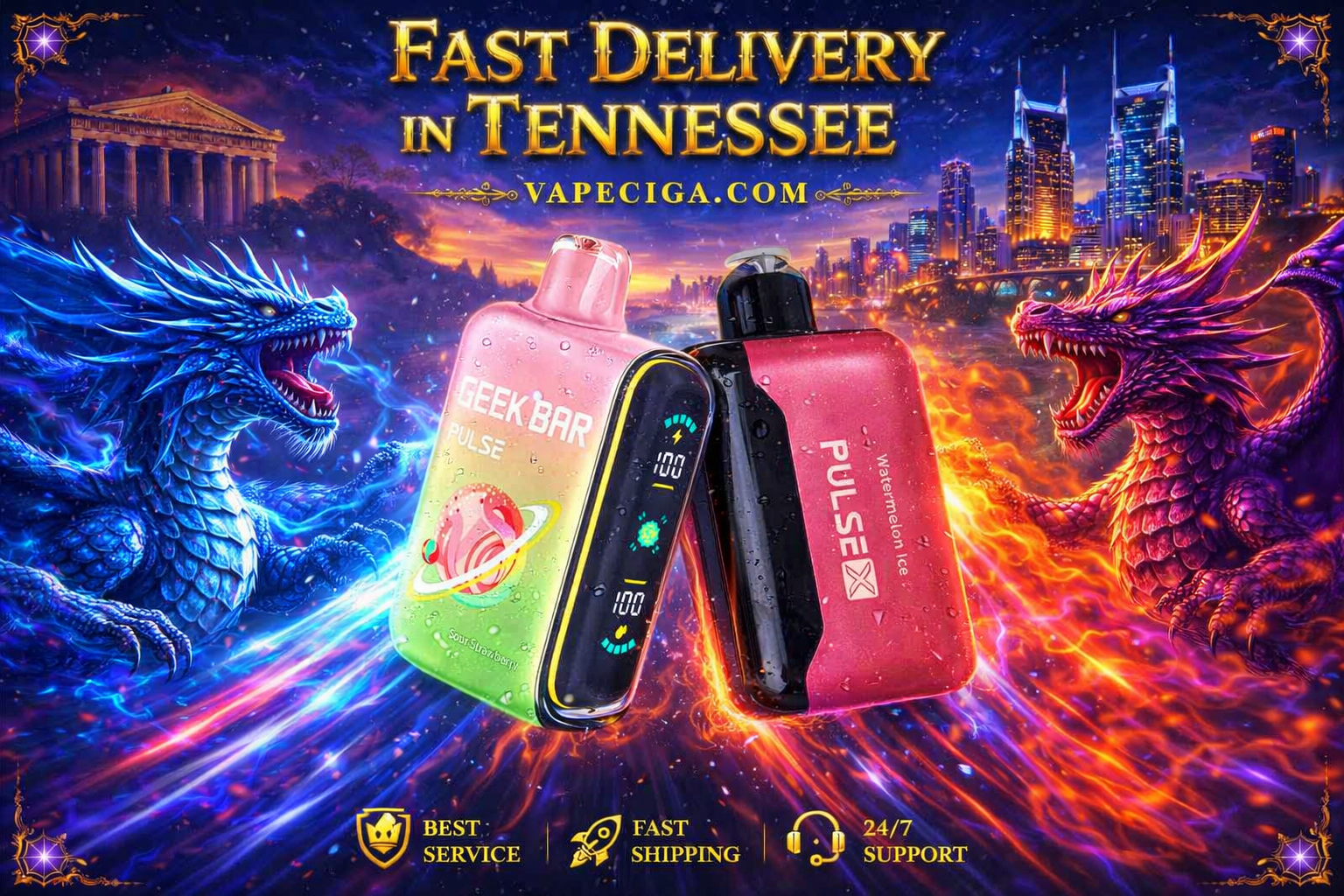 A vivid advertisement displays two vape devices—Geek Bar Pulse Sour Strawberry and Pulse X Watermelon Ice—set against a dynamic fantasy backdrop. A blue and purple dragon swirl with flames and energy around the products, while Tennessee landmarks and a temple rise in the futuristic cityscape. Bold text announces “Fast Delivery in Tennessee” with Vapeciga.com, supported by icons for best service, fast shipping, and 24/7 support.