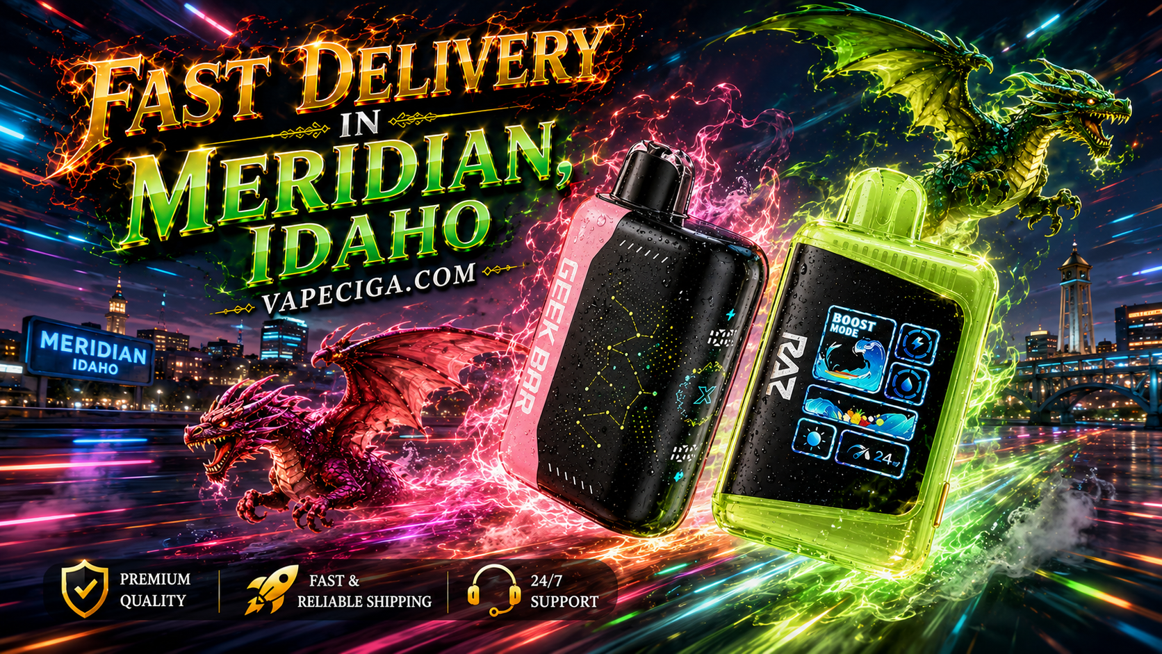A dramatic promotional banner features two disposable vapes racing through a futuristic Meridian, Idaho, surrounded by blazing flames, colorful energy trails, and sparkling water droplets. Two dragons in different poses, each matching the color of a vape, soar beside the devices, while the city skyline, Meridian landmarks, and bold 