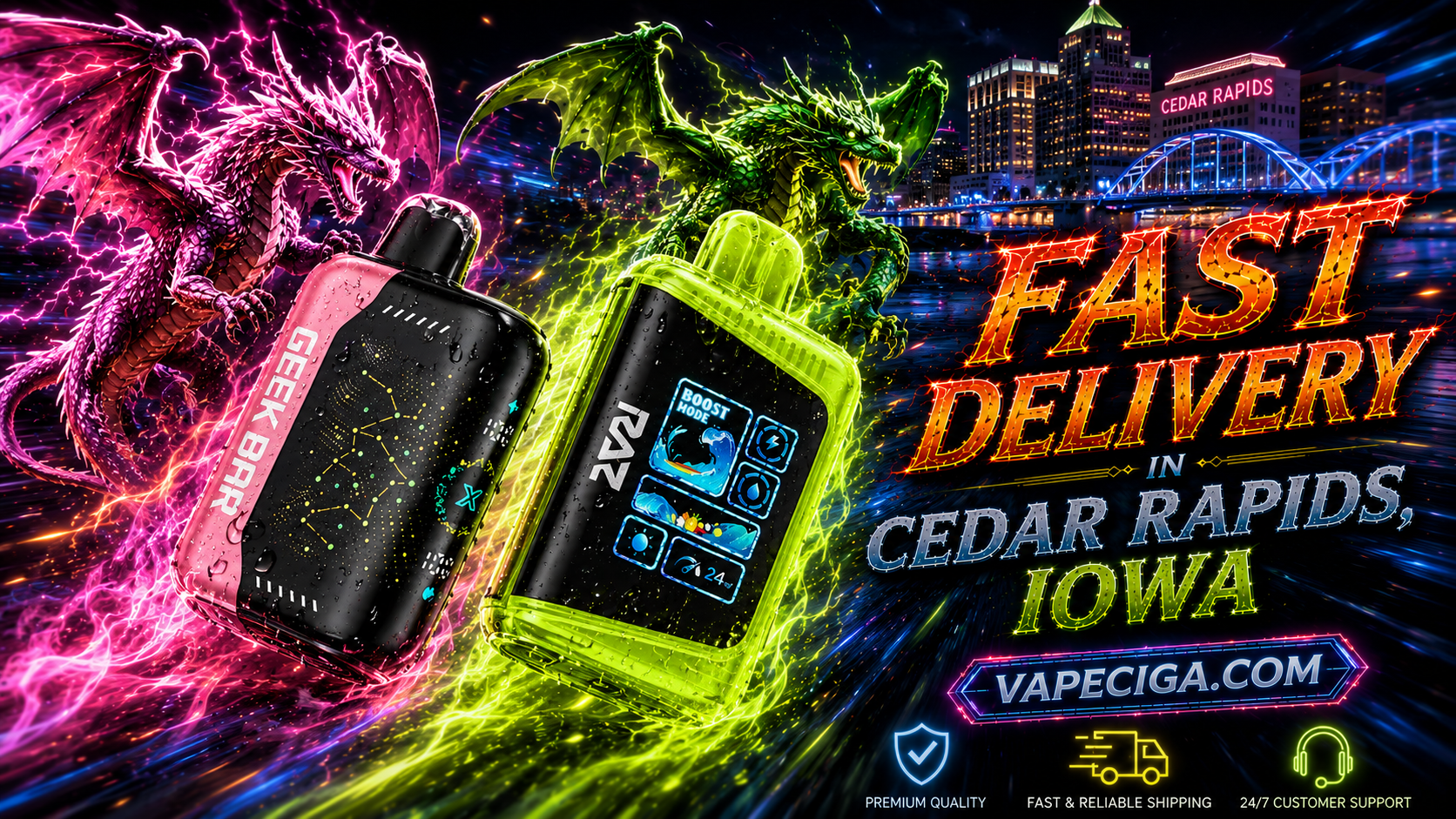 The image features two vape devices — a black-and-pink Geek Bar and a neon-green ZOV — glowing with lightning and energy effects. A pink dragon and a green dragon surge dramatically over the Cedar Rapids, Iowa skyline, with the city’s bridge and illuminated buildings visible. Bold text promotes fast delivery through Vapeciga.com, supported by icons for premium quality, reliable shipping, and 24/7 customer support.