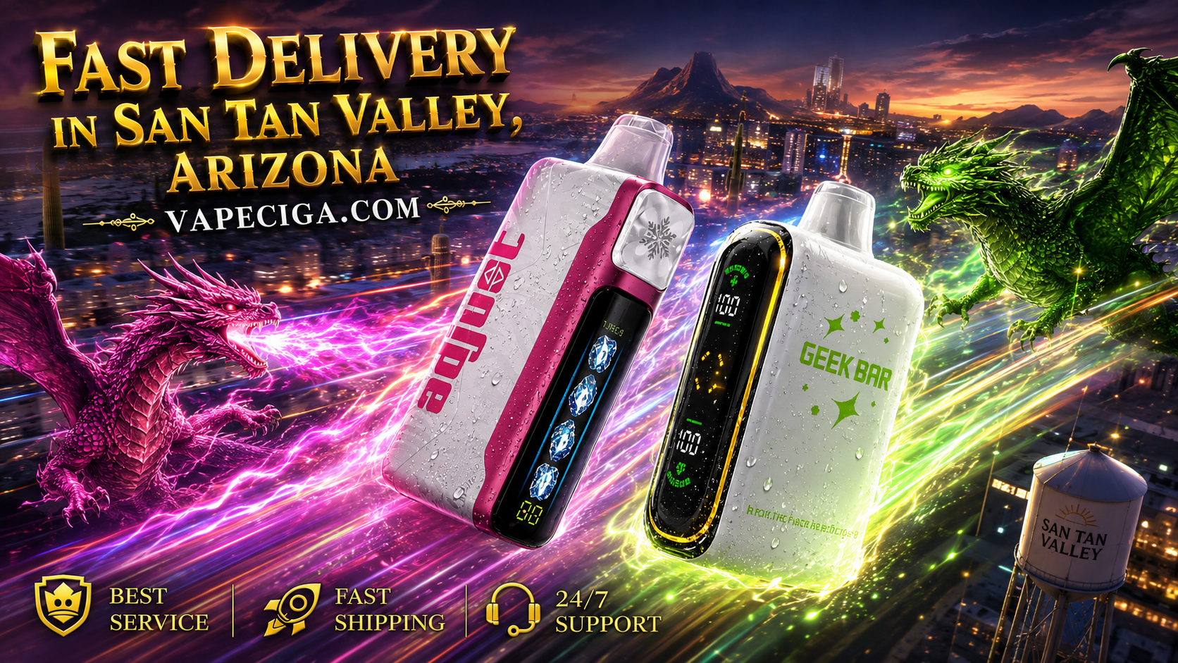 Two premium disposable vapes race across the futuristic skyline of San Tan Valley, Arizona, leaving colorful energy trails while powerful dragons soar alongside them. The scene features the iconic San Tan Valley water tower, glowing city lights, desert scenery, and bold messaging that highlights fast shipping, outstanding service, and 24/7 customer support from VapeCiga.