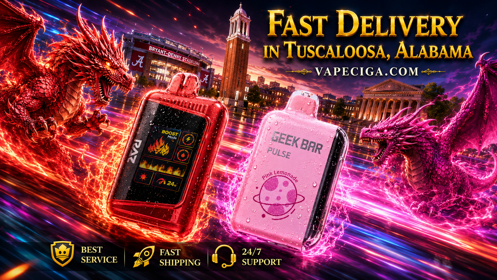 The dramatic banner showcases two vape devices — a red RAZ BOOST Mode with fiery effects and a pink GEEK BAR PULSE Pink Lemonade with a planet graphic. A red dragon breathes flames beside the RAZ device, while a pink dragon radiates glowing energy near the GEEK BAR, set against Tuscaloosa’s illuminated skyline with landmarks like Bryant-Denny Stadium. Text emphasizes Fast Delivery in Tuscaloosa, Alabama with Vapeciga.com, supported by icons for best service, fast shipping, and 24/7 support.