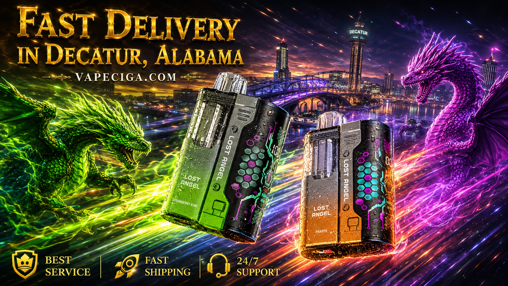 The vibrant banner showcases two LOST ANGEL vape devices — one green and one orange — accented with glowing neon effects and fresh water droplets. A green dragon on the left and a purple dragon on the right breathe energy across Decatur’s illuminated skyline with its bridge and tall buildings. Text emphasizes Fast Delivery in Decatur, Alabama with Vapeciga.com, supported by icons for best service, fast shipping, and 24/7 support.