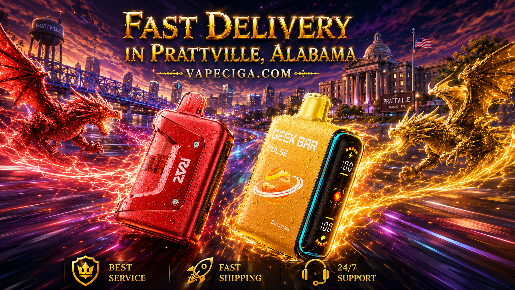 The vibrant banner highlights two vape devices — a red ZOV and a yellow GEEK BAR PULSE Banana Ice — glowing with illuminated energy effects. A red dragon and a golden dragon swirl with power across Prattville’s skyline, featuring the water tower, bridge, and domed building with the American flag. Text emphasizes Fast Delivery in Prattville, Alabama with Vapeciga.com, supported by icons for best service, fast shipping, and 24/7 support.