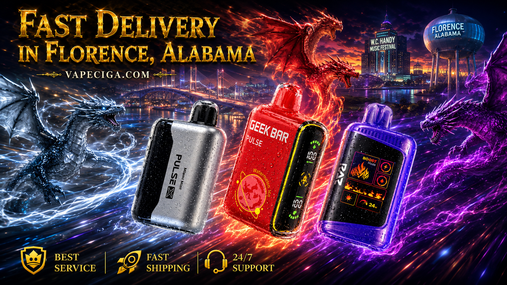 The dynamic banner highlights three vape devices — PULSE X, GEEK BAR PULSE, and RAZ BOOST Mode — glowing with illuminated screens and energy effects. A blue, red, and purple dragon surround the devices, breathing power across Florence’s skyline with landmarks like the water tower and the W.C. Handy Music Festival building. Text emphasizes Fast Delivery in Florence, Alabama with Vapeciga.com, supported by icons for best service, fast shipping, and 24/7 support.